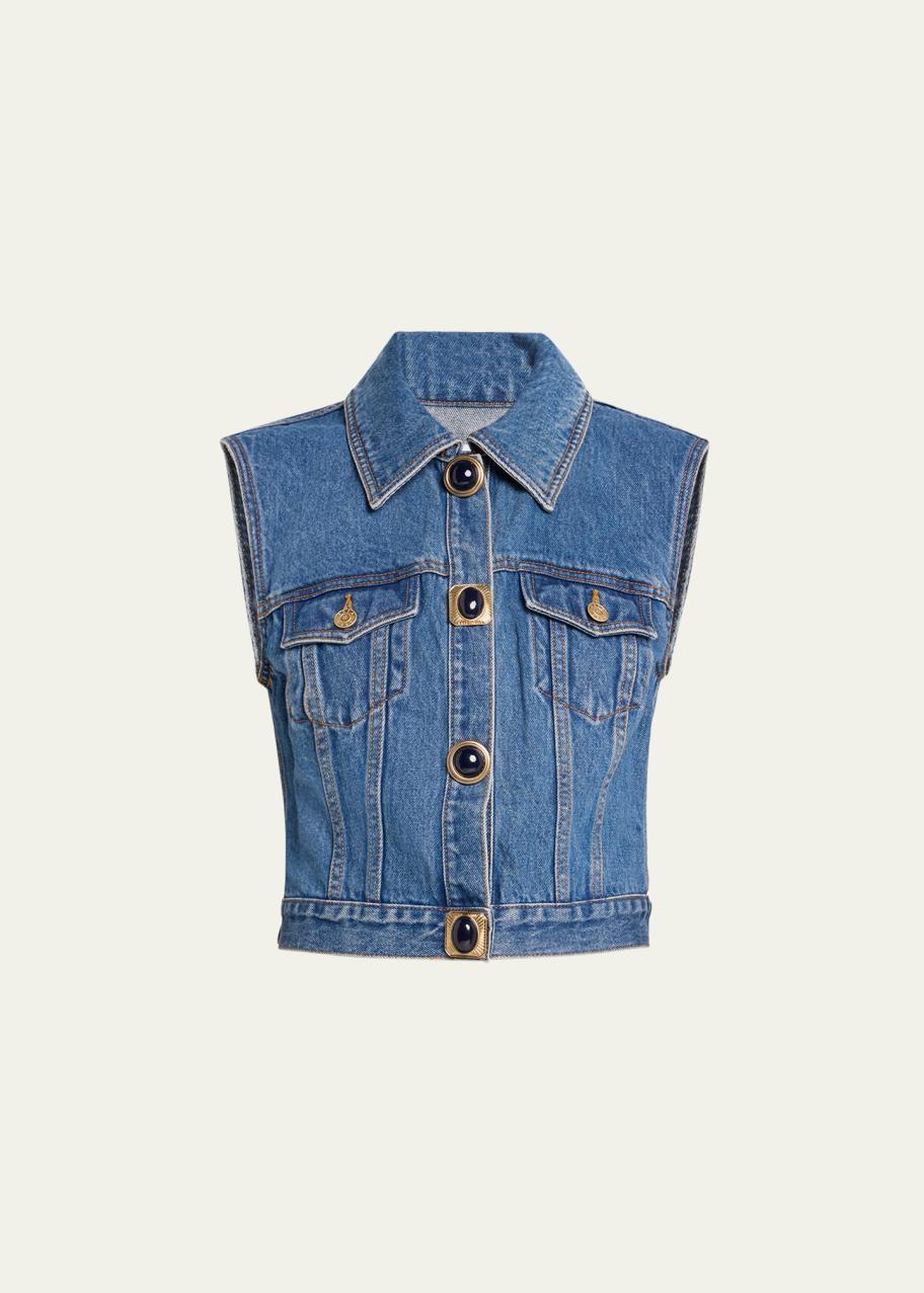 AREA Gemstone Button Cropped Denim Vest - Bergdorf Goodman