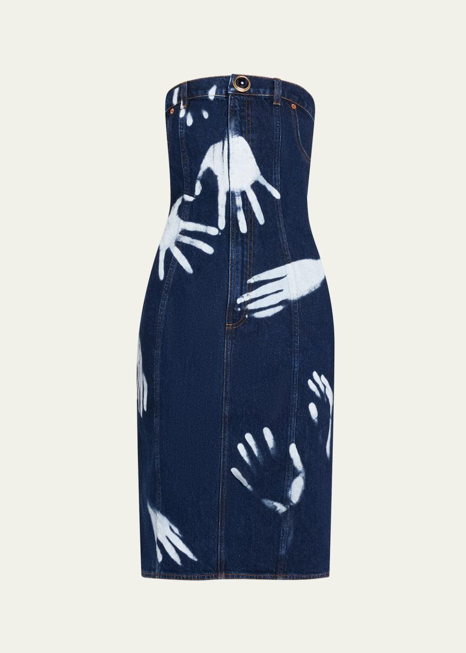AREA Handprint Strapless Denim Dress