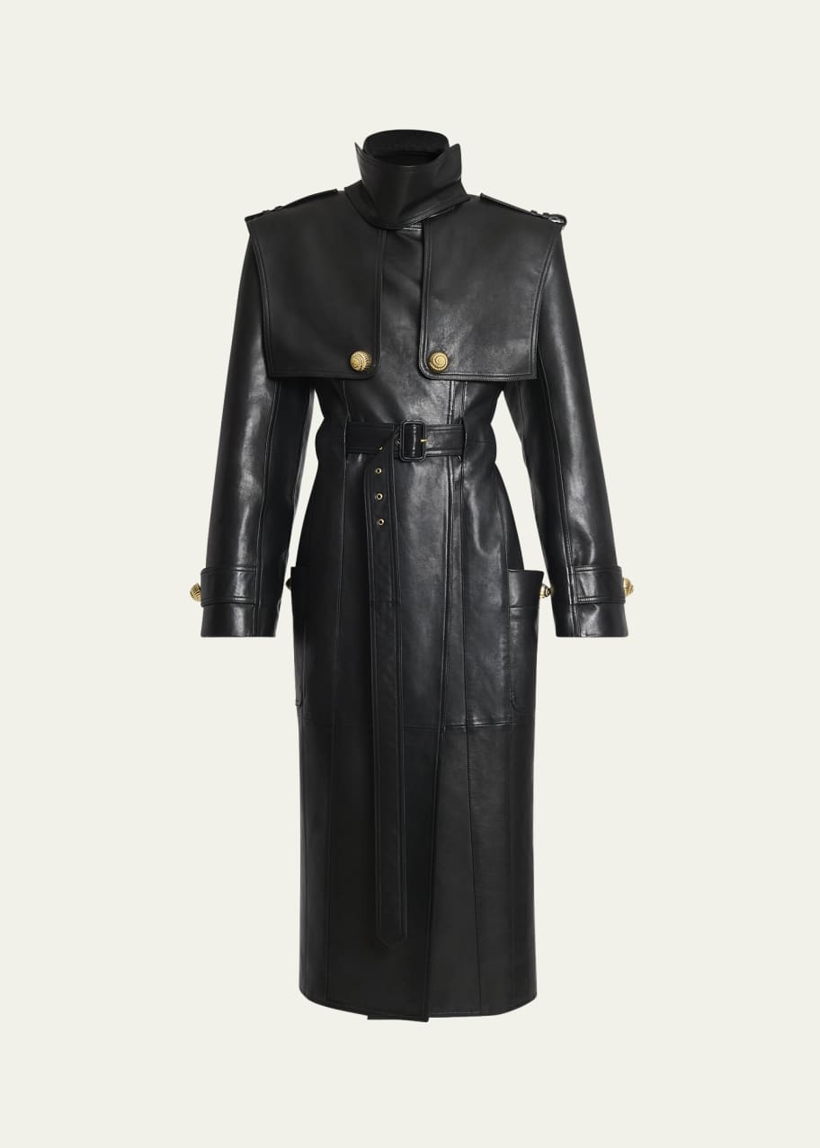 BALMAIN ブラックレザー トレンチコート M Balmain Double-Breasted Belted Leather Trench Coat - Bergdorf Goodman