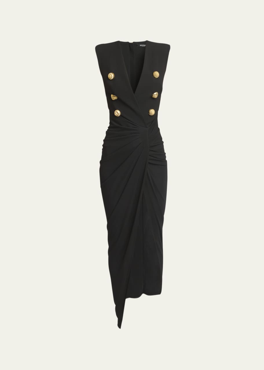 green emerald velvet dress Balmain // Velvet Padded Shoulder Dress – VSP Consignment main image 1