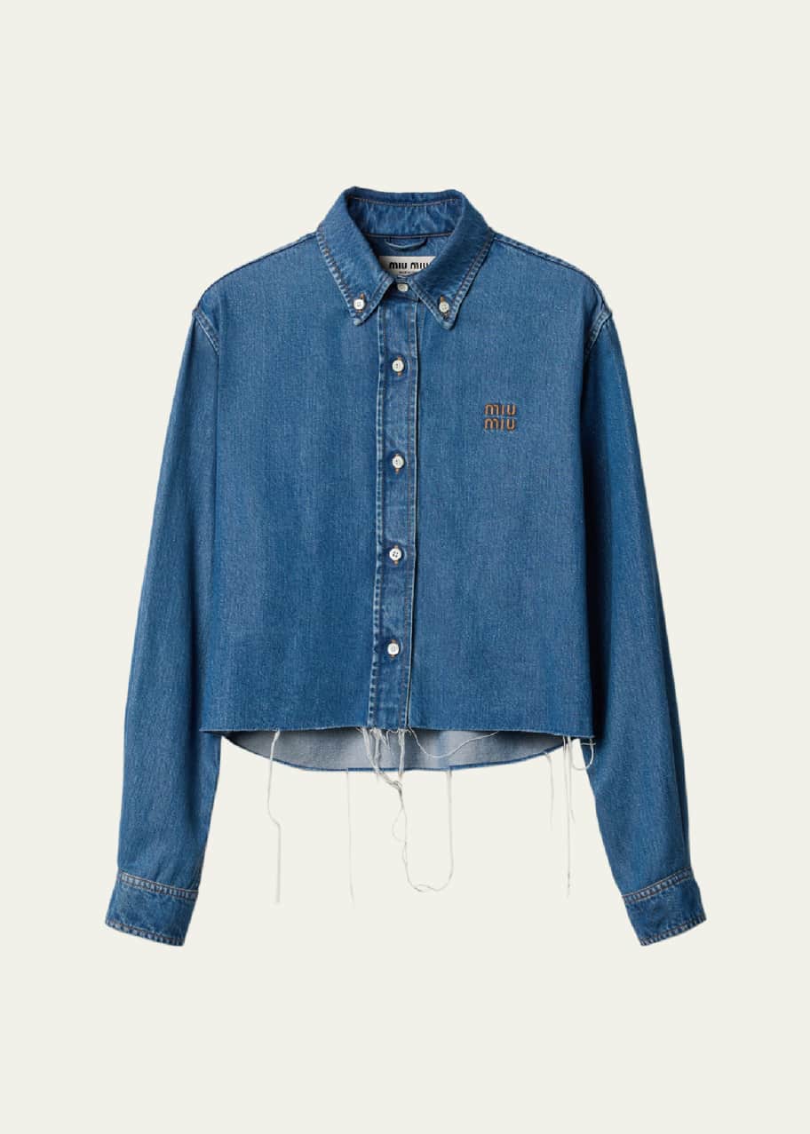 Image 1 of 1: Denim Cropped Collared Button Down Shirt