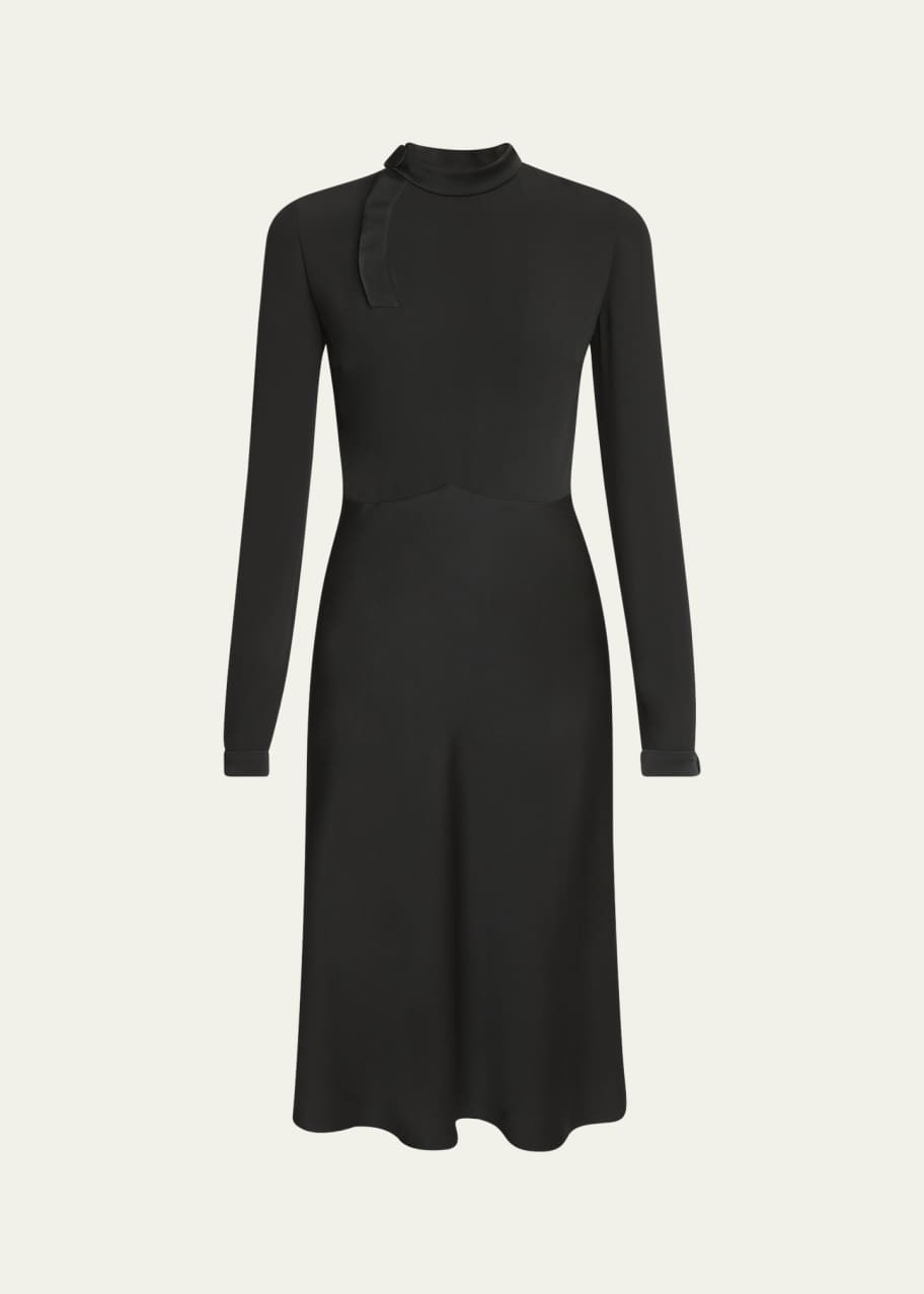 Image 1 of 1: Scarf Long-Sleeve Satin Midi Dress