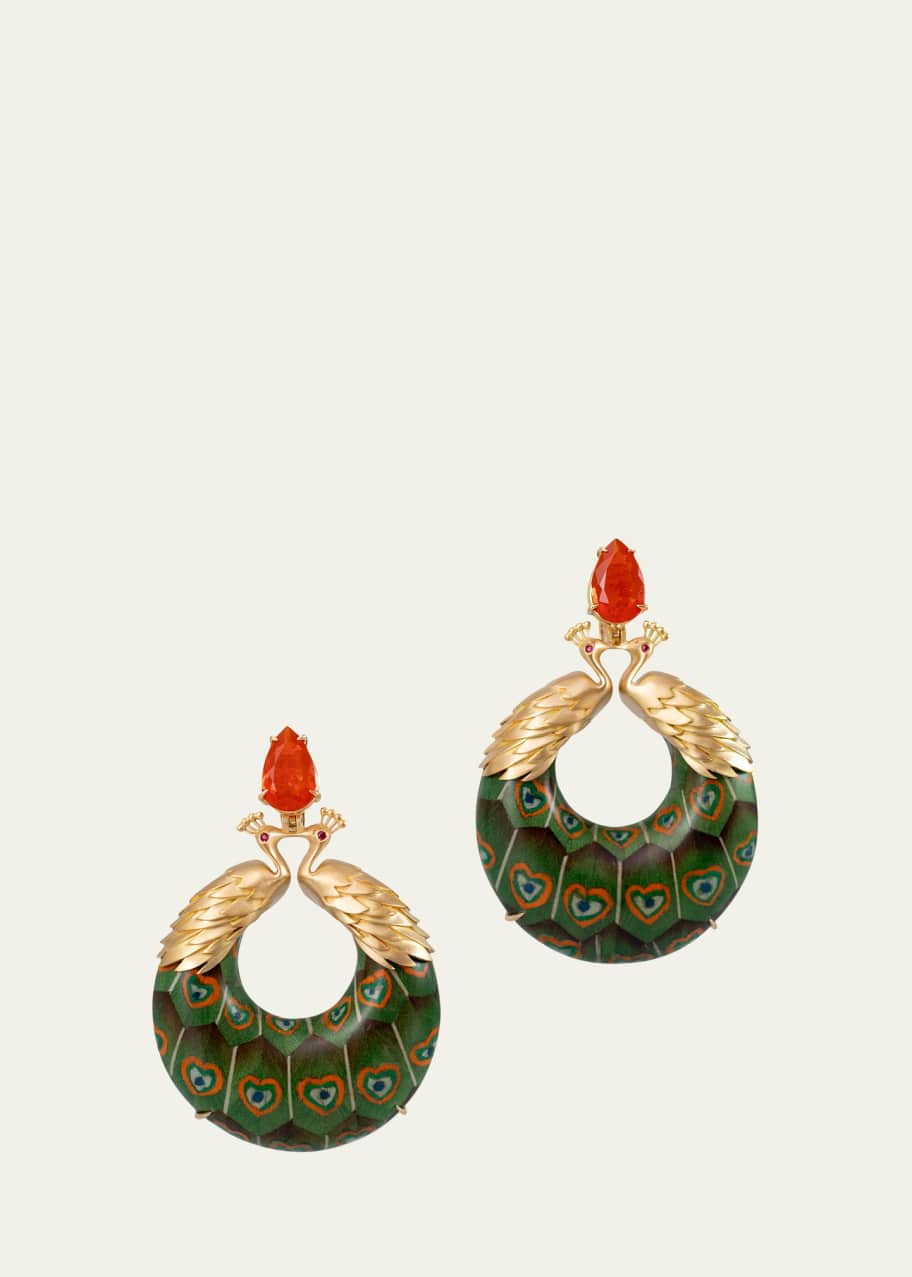 Image 1 of 1: Marquetry 18K Gold Peacock Earrings with Fire Opal, Ruby, and Diamonds
