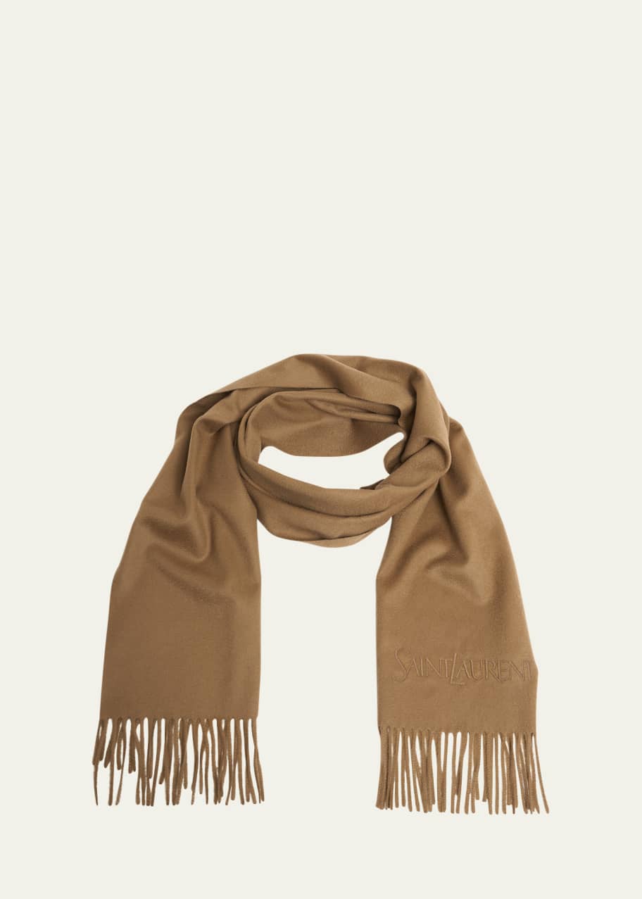 Saint Laurent Embroidered Logo Fringe Cashmere Scarf