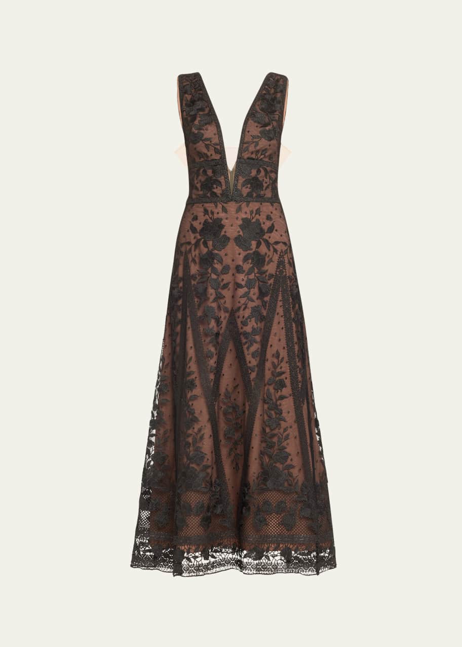 Image 1 of 1: Deep V-Neck Embroidered Tulle Midi Dress