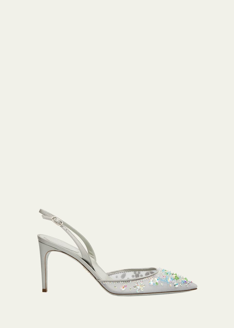 Image 1 of 1: Stone Embellished Net Slingback Pumps