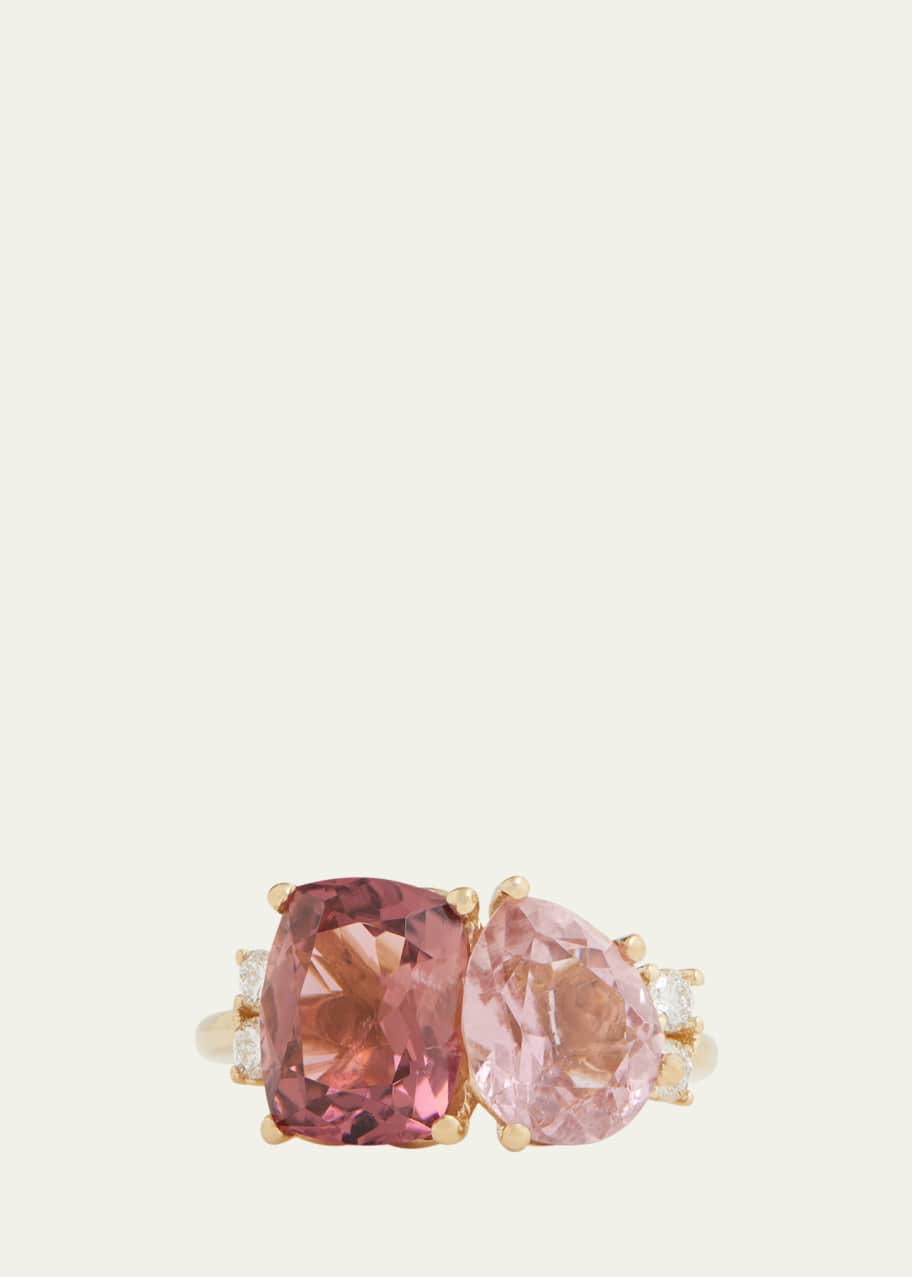 Image 1 of 1: 18K Yellow Gold Pink Tourmaline Cushion Cut and Pear Shape Ring with Diamonds