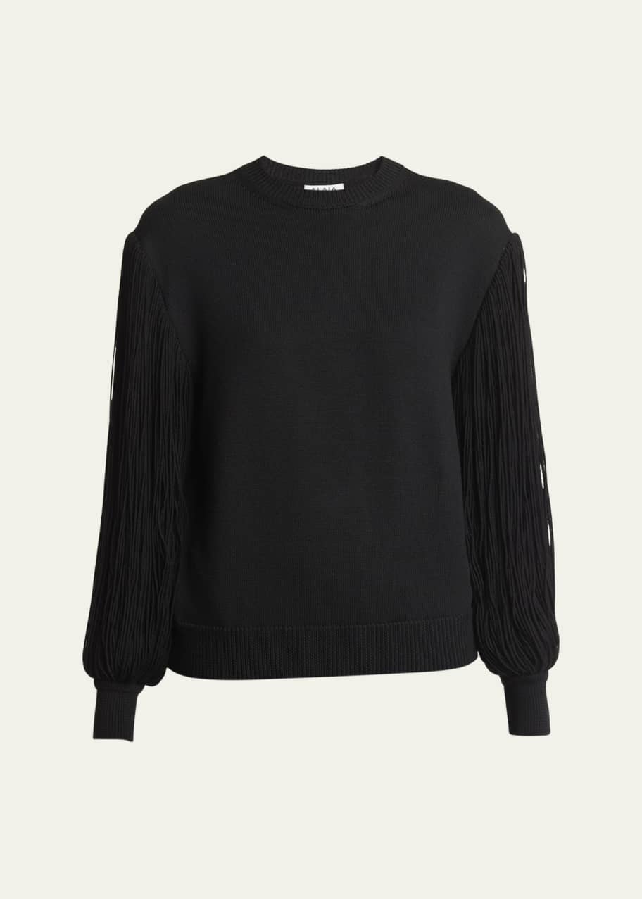 ALAIA Slit Fringe Sleeve Wool Crewneck Sweater - Bergdorf Goodman