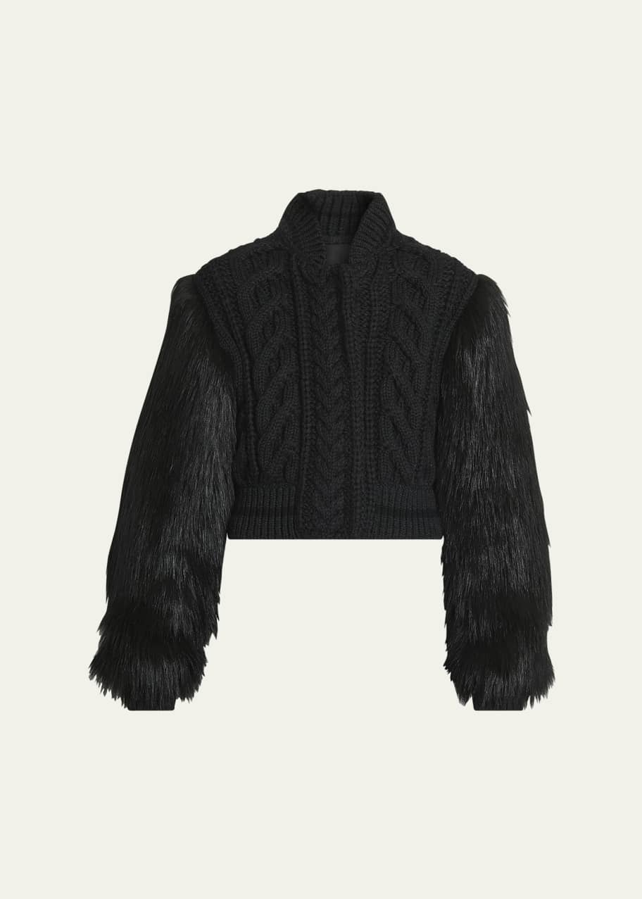 Image 1 of 1: Faux Fur Sleeve Cable Wool Varsity Jacket