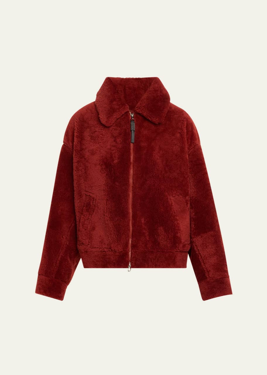 Image 1 of 1: Dyed Shearling Short Jacket with Contrast Monili Zipper
