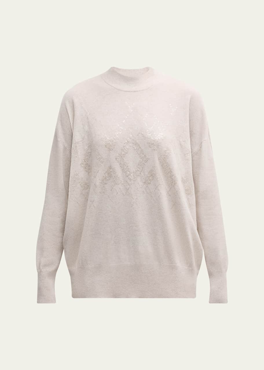 Image 1 of 1: Mock-Neck Tonal Mountain Mosaic Sequin Cashmere Sweater