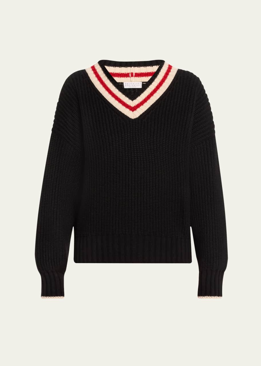 Image 1 of 1: Cashmere English Ribbed Sweater with Varsity Stripes