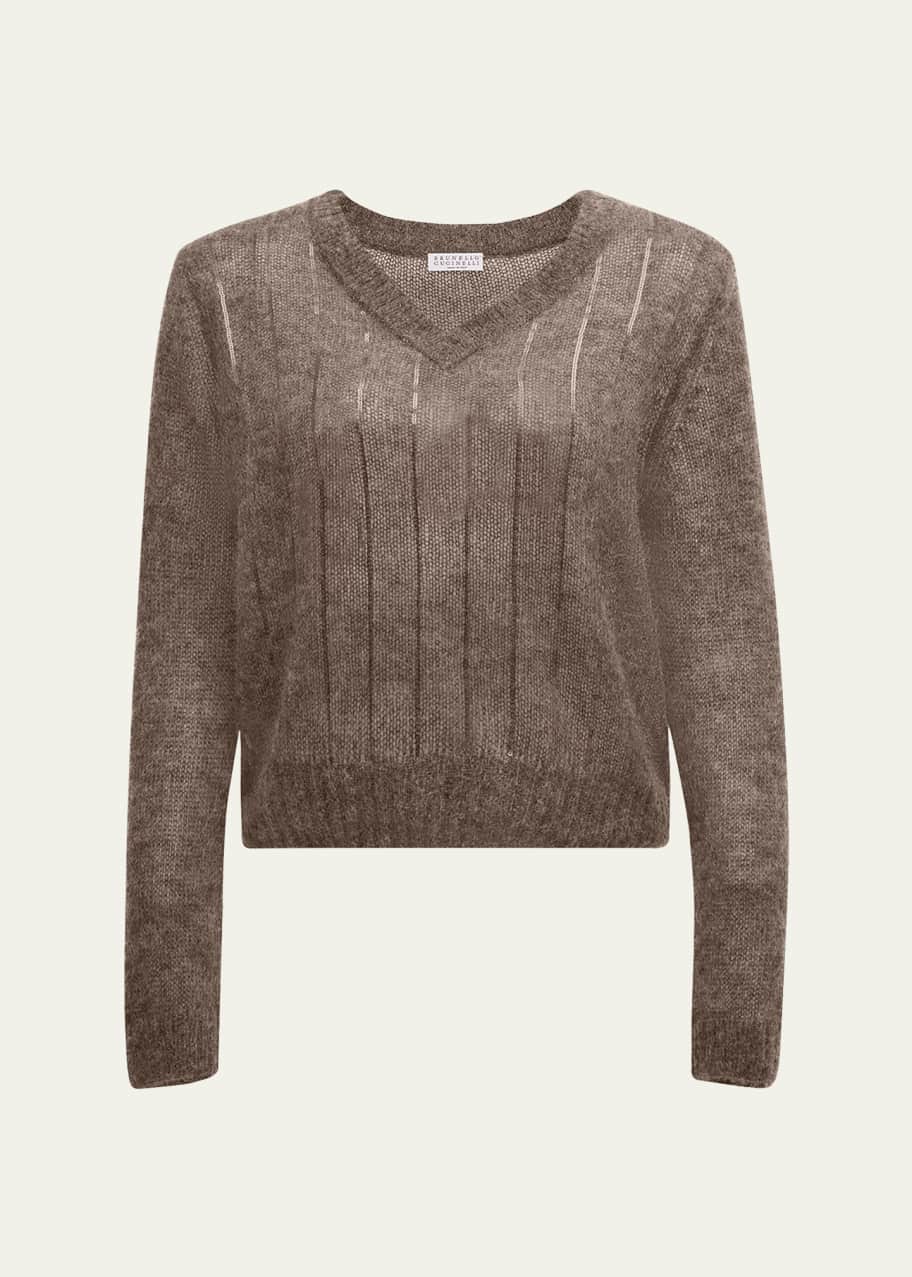 Image 1 of 1: Tonal Sequin Pinstripe V-Neck Mohair Sweater