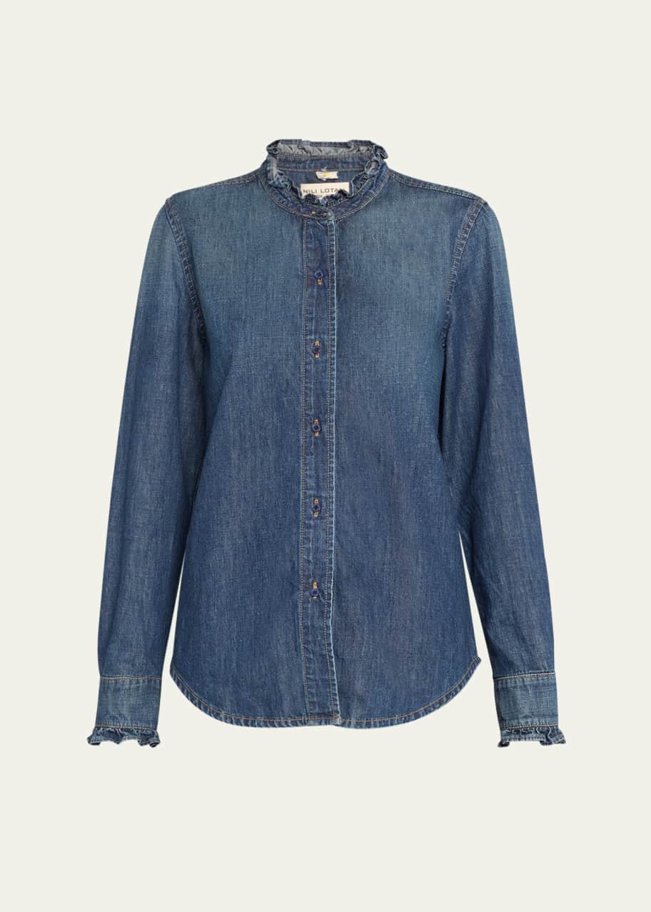 Image 1 of 1: Lydia Denim Button-Front Shirt with Ruffle Trim