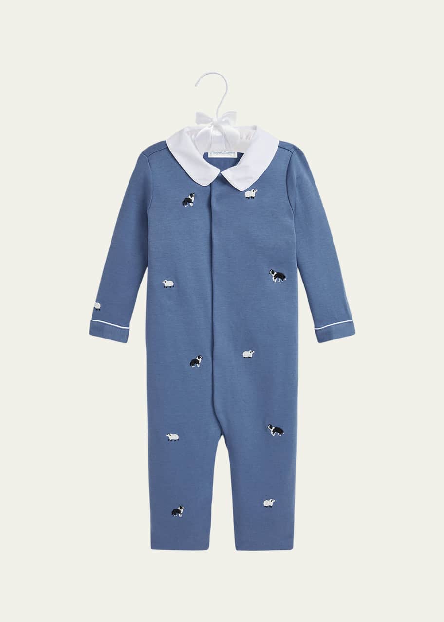 Image 1 of 1: Boy's Embroidered Collared Coverall, Size Newborn-9M