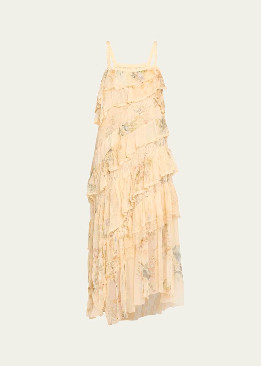 Image 1 of 1: Asymmetric Spliced Lace Silk Maxi Dress