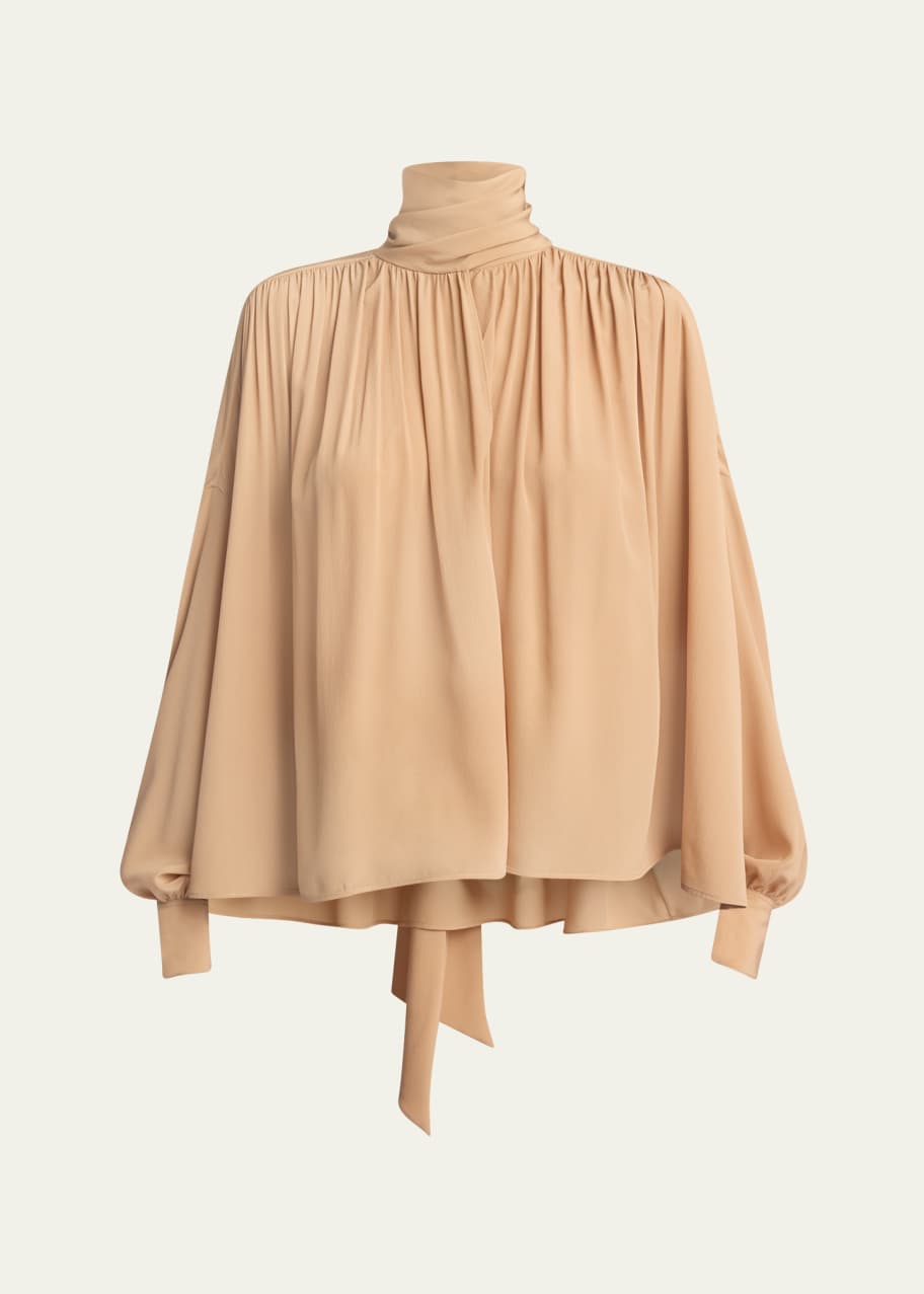 Image 1 of 1: Scarf-Neck Crepe De Chine Top