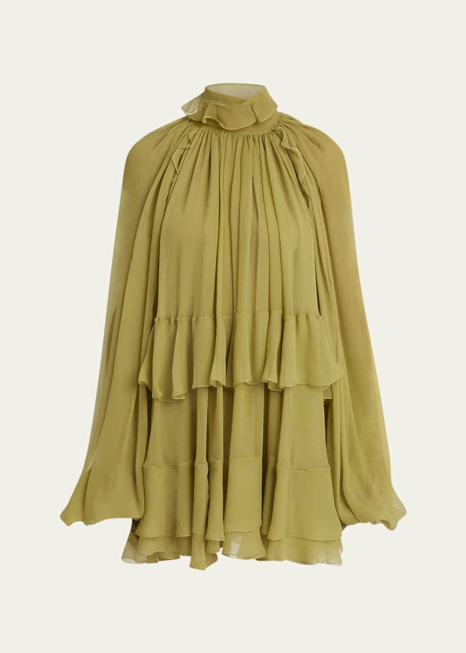 Image 1 of 1: Tiered Ruffle Silk Mousseline Mini Dress