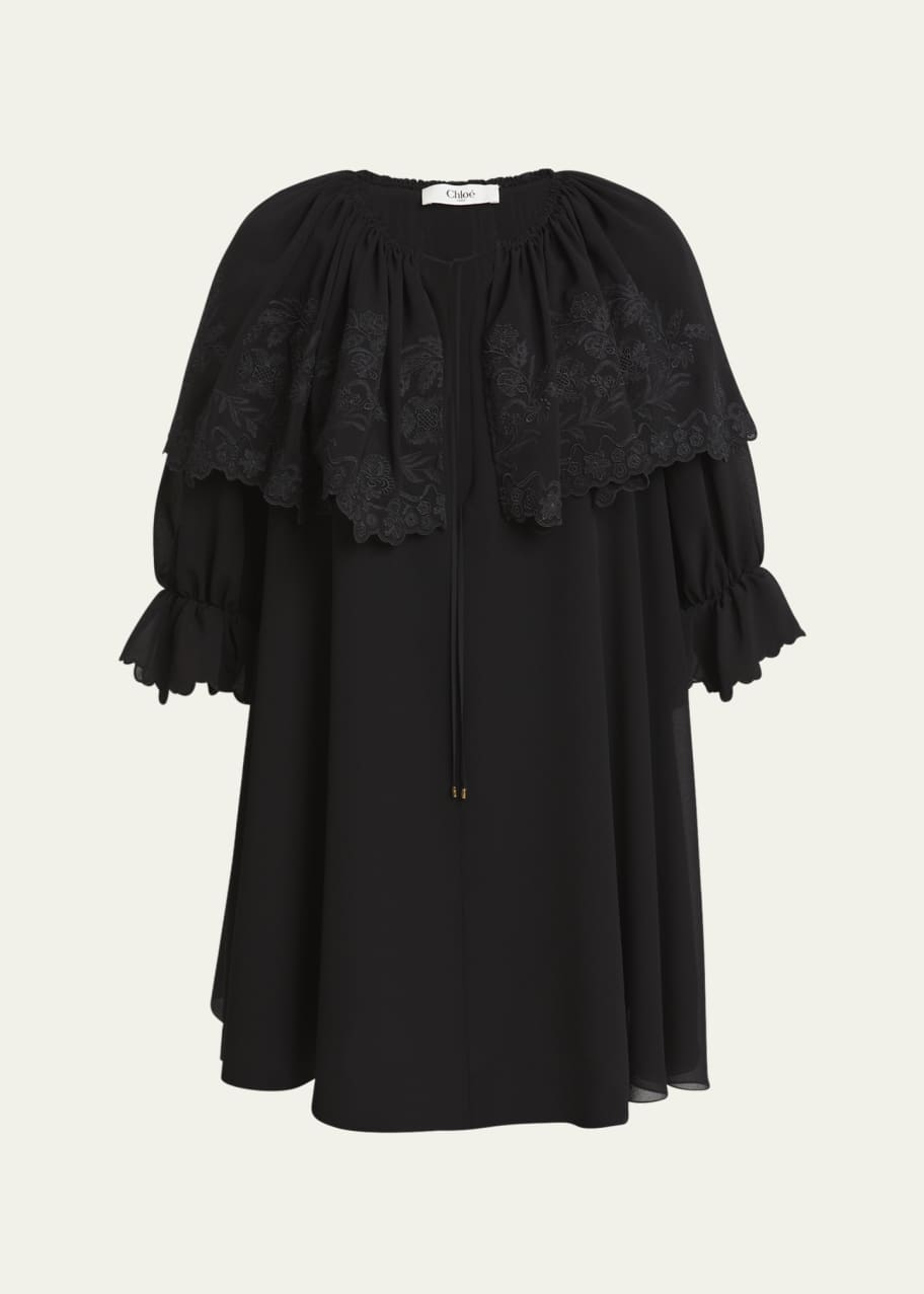 Image 1 of 1: Shoulder Ruffle Drawstring Silk Georgette Mini Dress