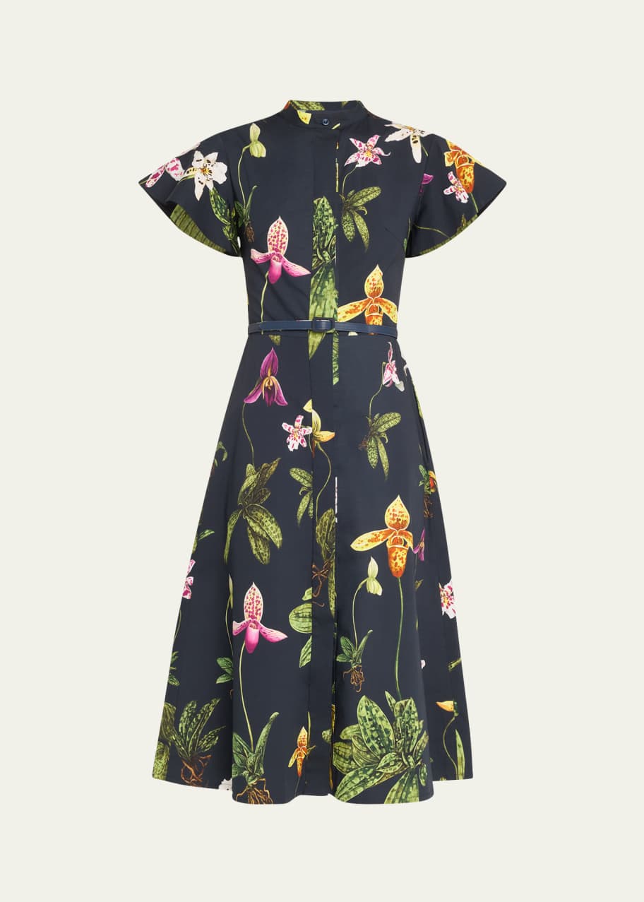 Image 1 of 1: Orchid Print Fit-Flare Midi Poplin Dress
