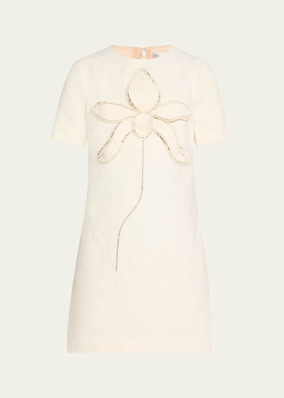 Image 1 of 1: Floral Embroidered Short Cotton Tweed Shift Dress
