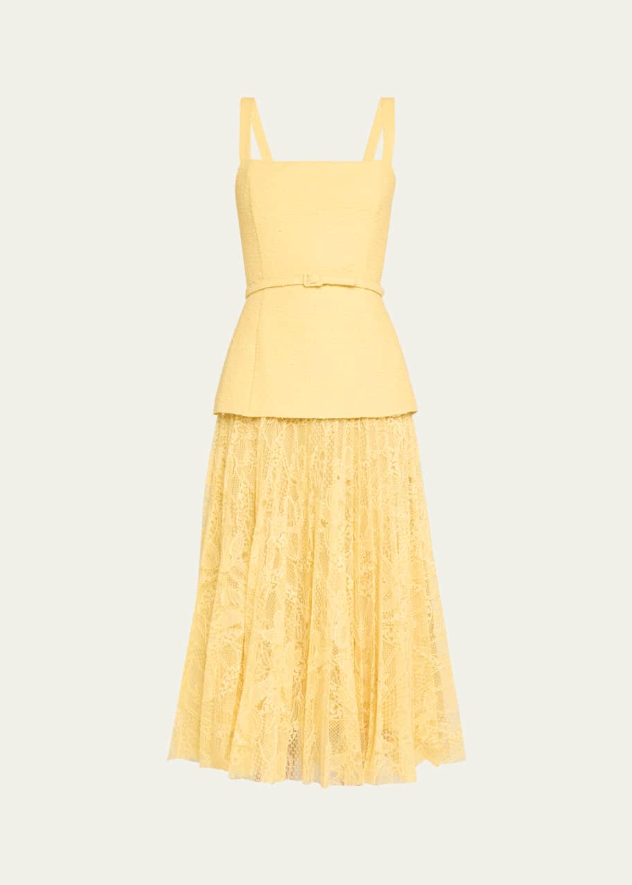 Image 1 of 1: Square-Neck Tweed and Pleated Lace Midi Dress