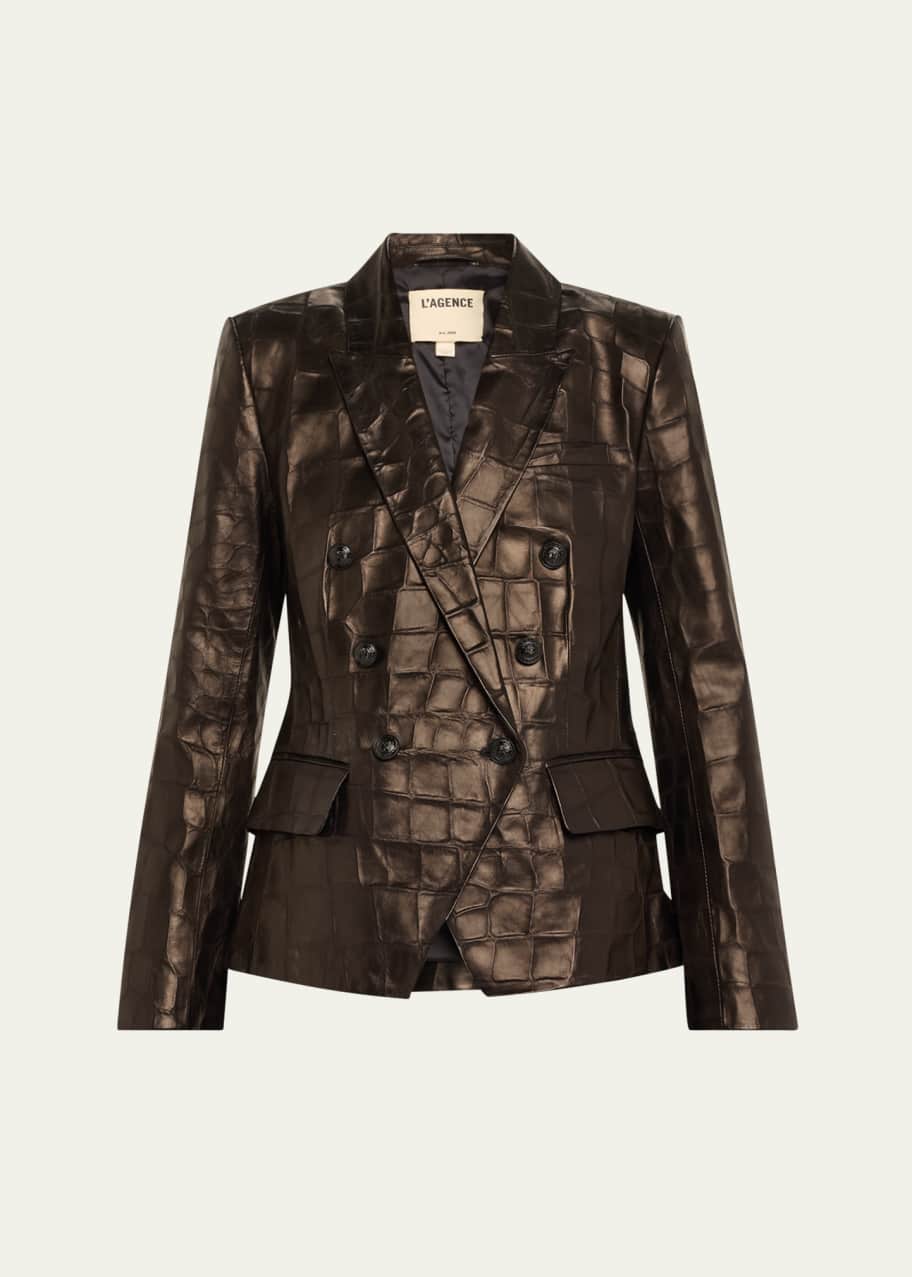 L'Agence Kenzie Croc-Embossed Faux Leather Double-Breasted Blazer
