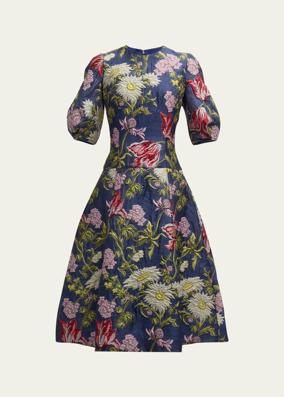 Image 1 of 1: Puff-Sleeve Floral Jacquard Midi Dress