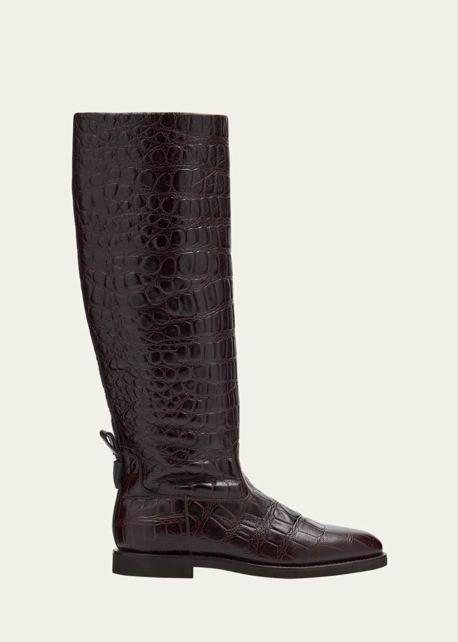 Image 1 of 1: Croco Embossed Leather Knee Boots