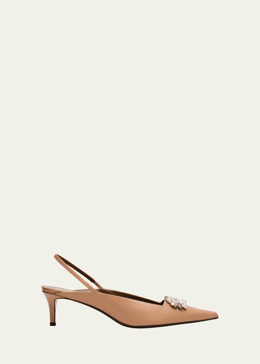 Image 1 of 1: Leather Crystal Ornament Slingback Pumps