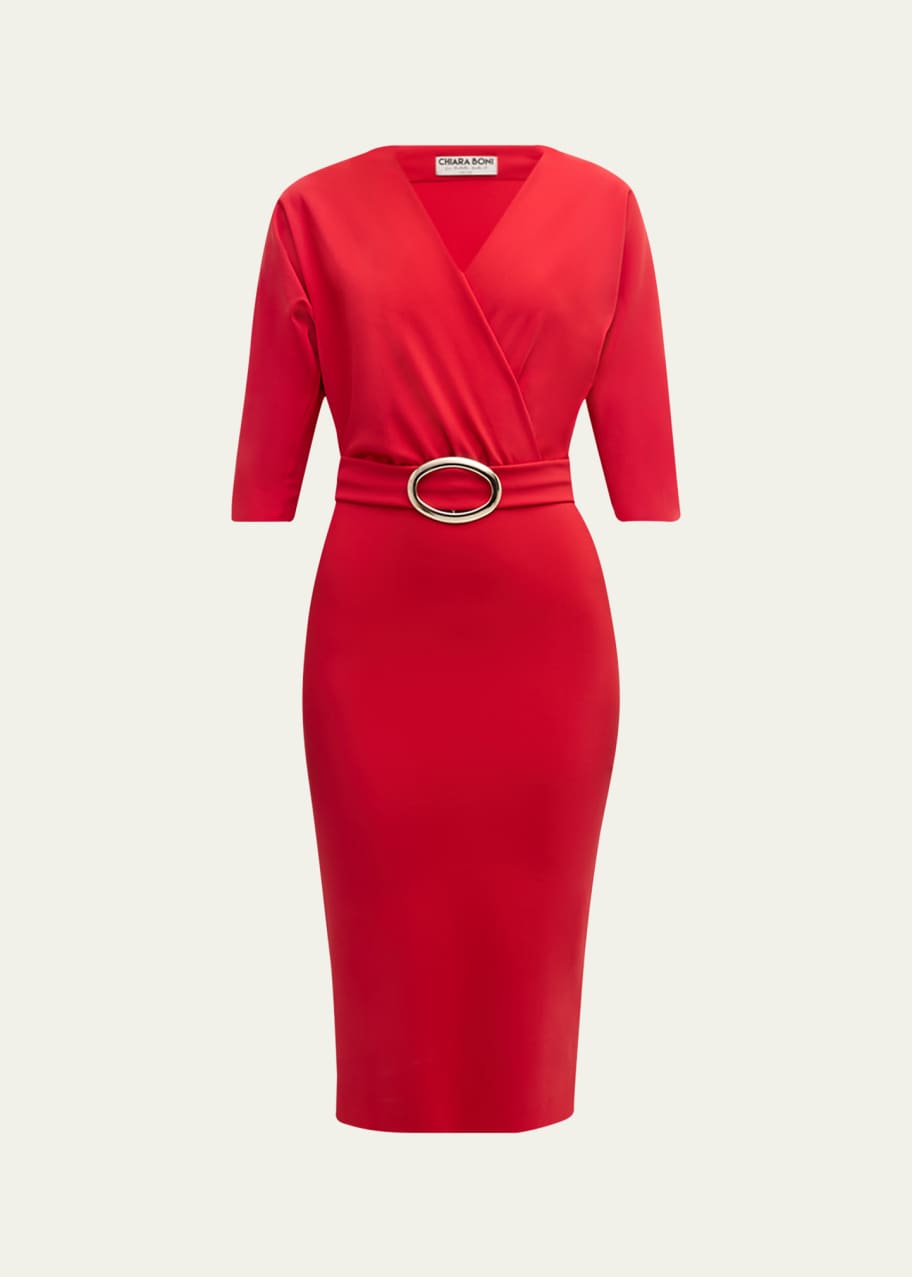 Image 1 of 1: Buckle-Embellished Surplice Bodycon Dress
