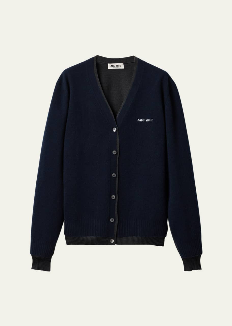 MIU MIU ネイビー ケーブルニットカーディガン 40 Logo cropped cotton cardigan in blue - Miu Miu | Mytheresa