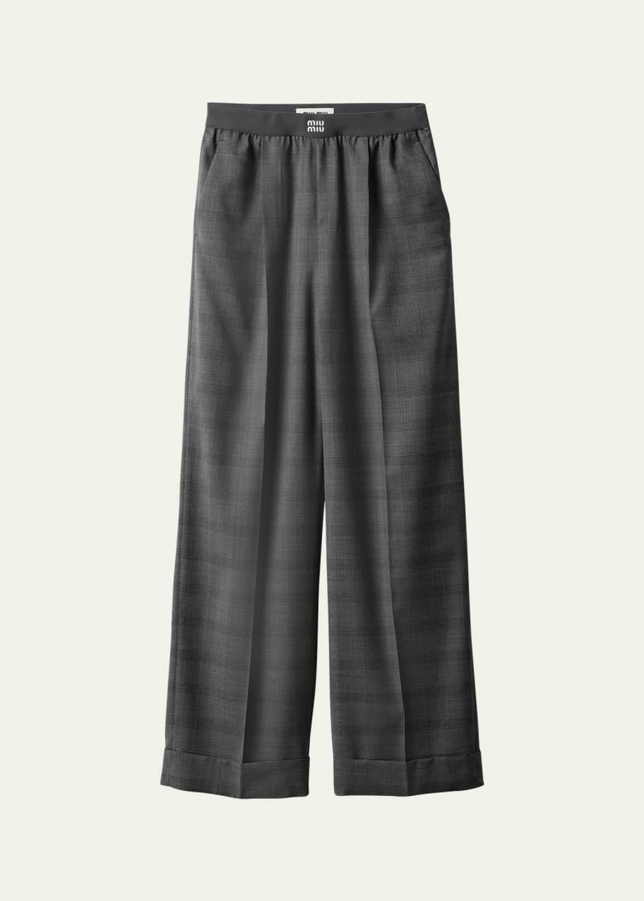 Miu Miu Prince of Wales Wide Leg Wool Trousers with Elastic