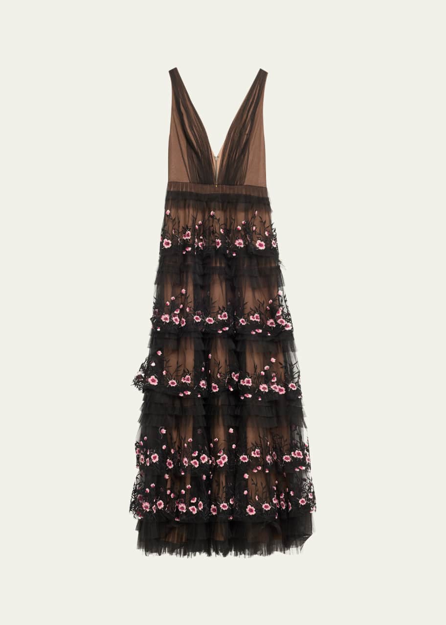 Image 1 of 1: Embroidered Deep V-Neck Ruffle Gown