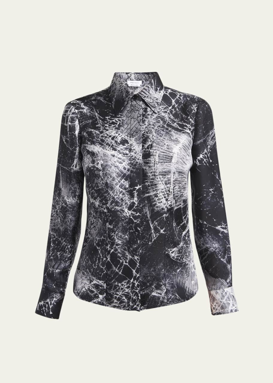 Image 1 of 1: Smashed Screen Print Button Down Silk Blouse