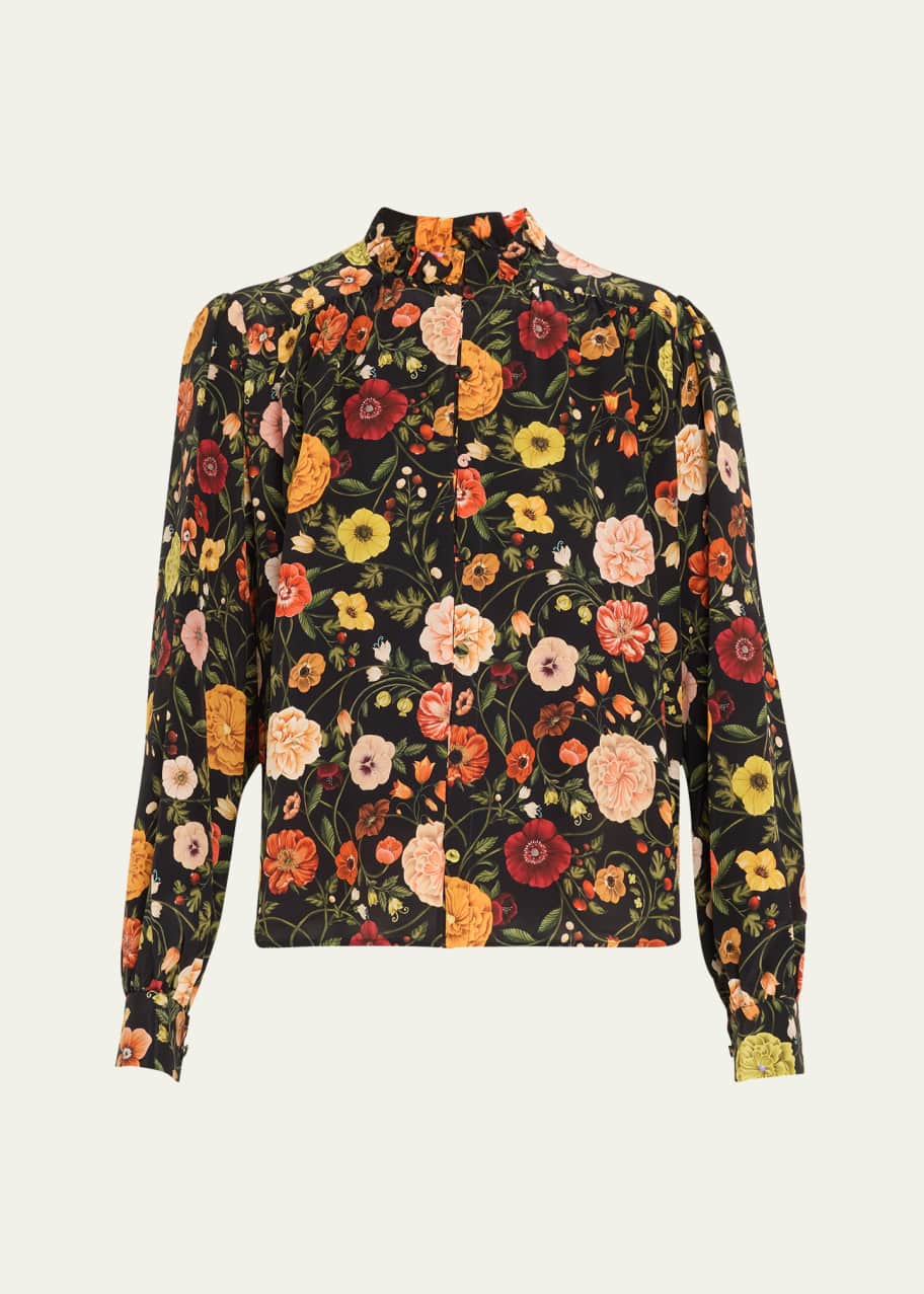 Image 1 of 1: Atelier Floral Funnel-Neck Silk Blouse