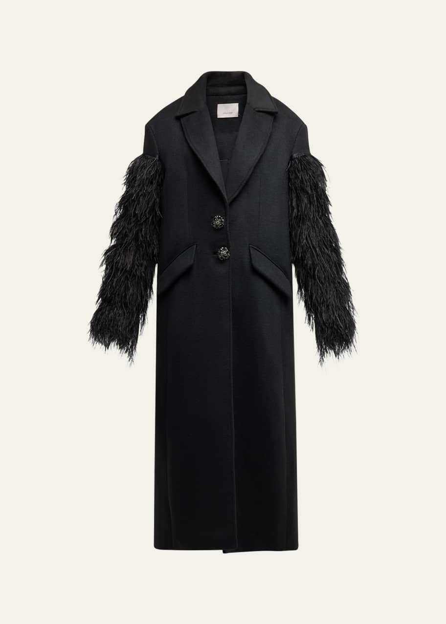 Image 1 of 1: Ali Feather-Sleeve Long Wool-Blend Coat