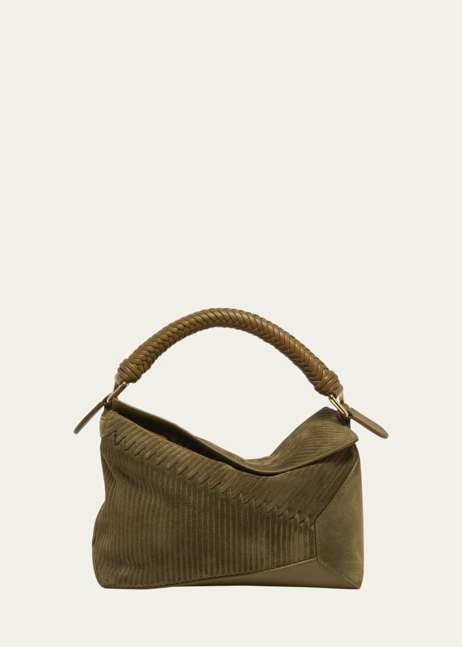 Image 1 of 1: Puzzle Edge Small Suede Top-Handle Bag