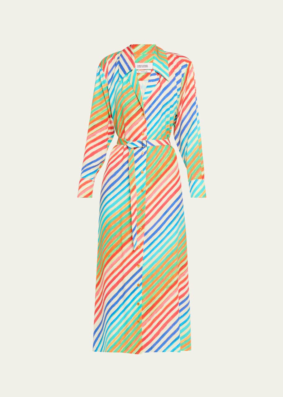 Image 1 of 1: Rainbow Striped Waist-Tie Bias Midi Shirtdress