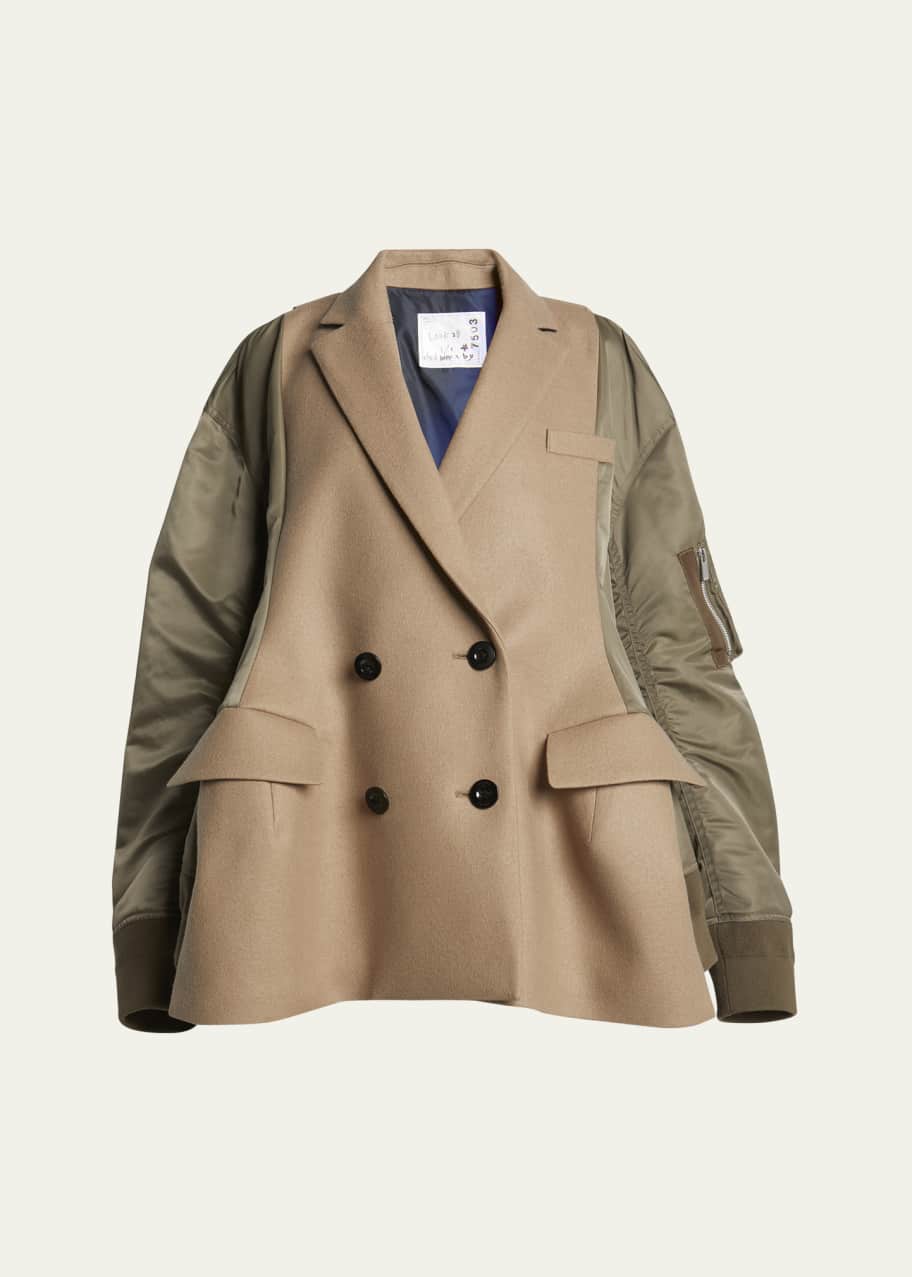 Image 1 of 1: Hybrid Quilted Double-Breasted Nylon-Sleeve Bomber Jacket