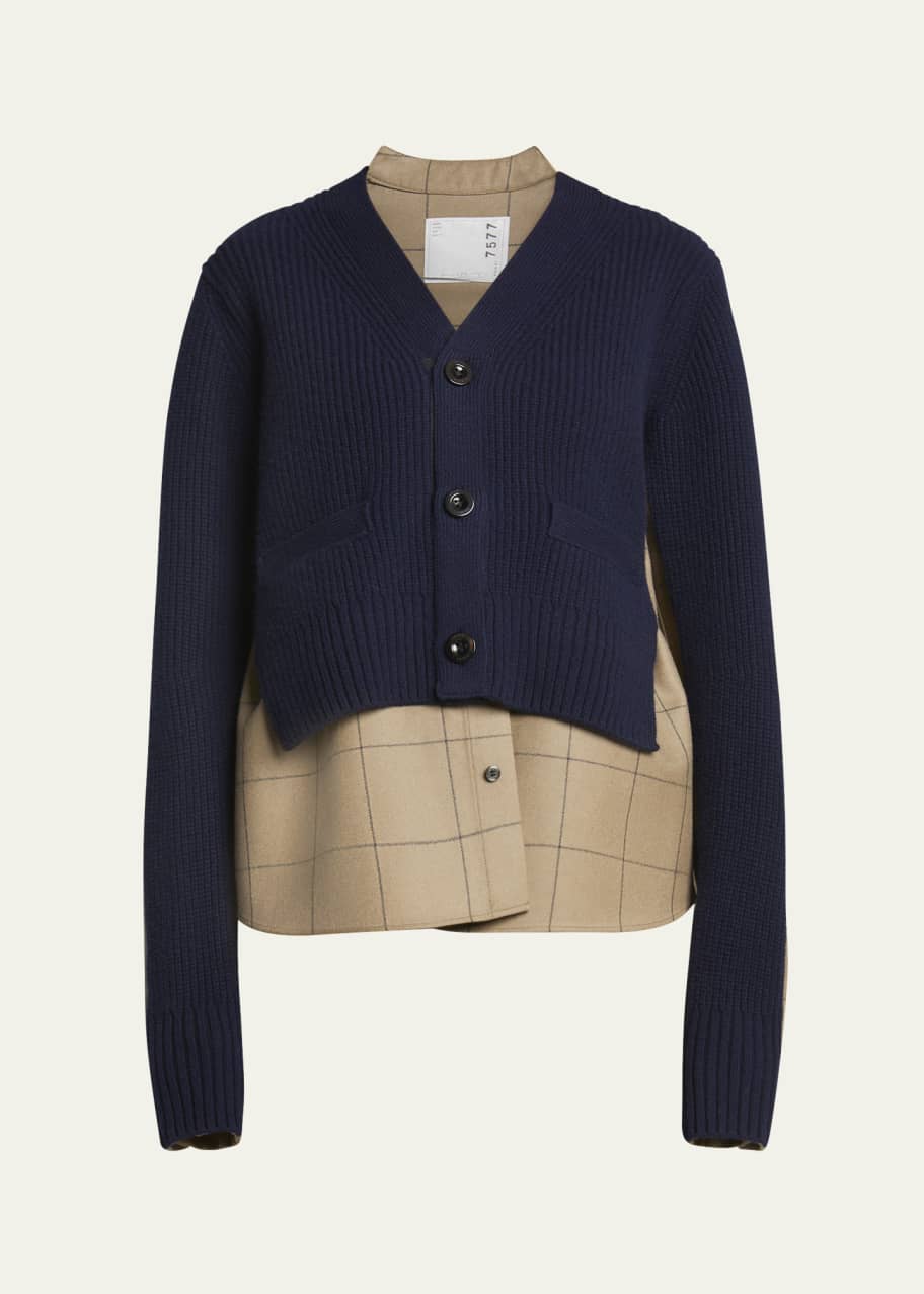 Hybrid Windowpane Print Top with Cardigan Overlay