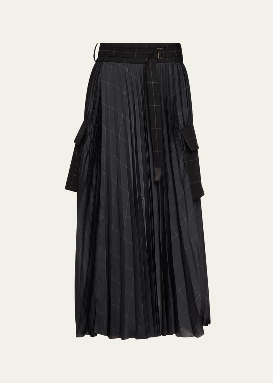 SACAI Pleated Belted Windowpane Print Midi Skirt - Bergdorf
