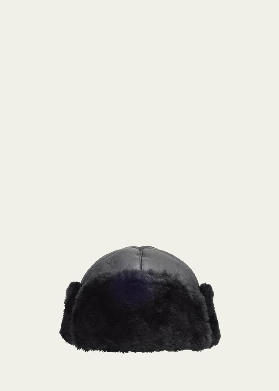 Image 1 of 1: Men's Napa Leather Shearling-Lined Beanie Hat