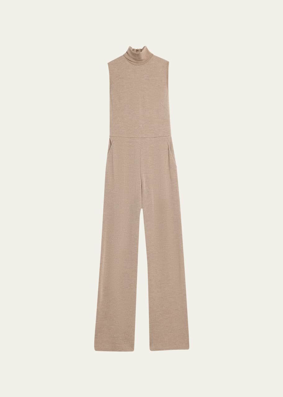 Image 1 of 1: Turtleneck Wide Leg Melange Wool Jersey Jumpsuit