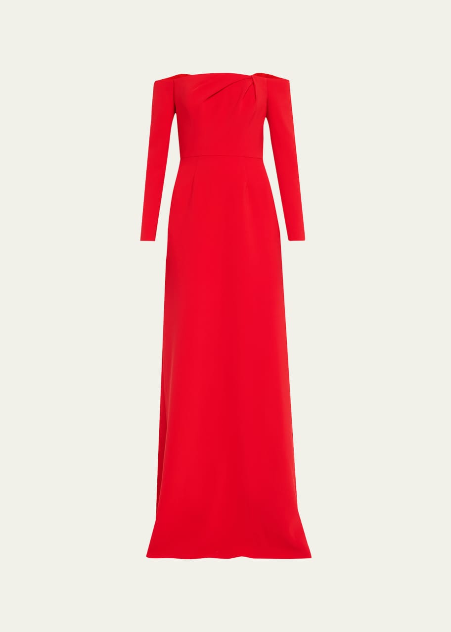 Image 1 of 1: Draped Long-Sleeve Off-The-Shoulder Trumpet Gown