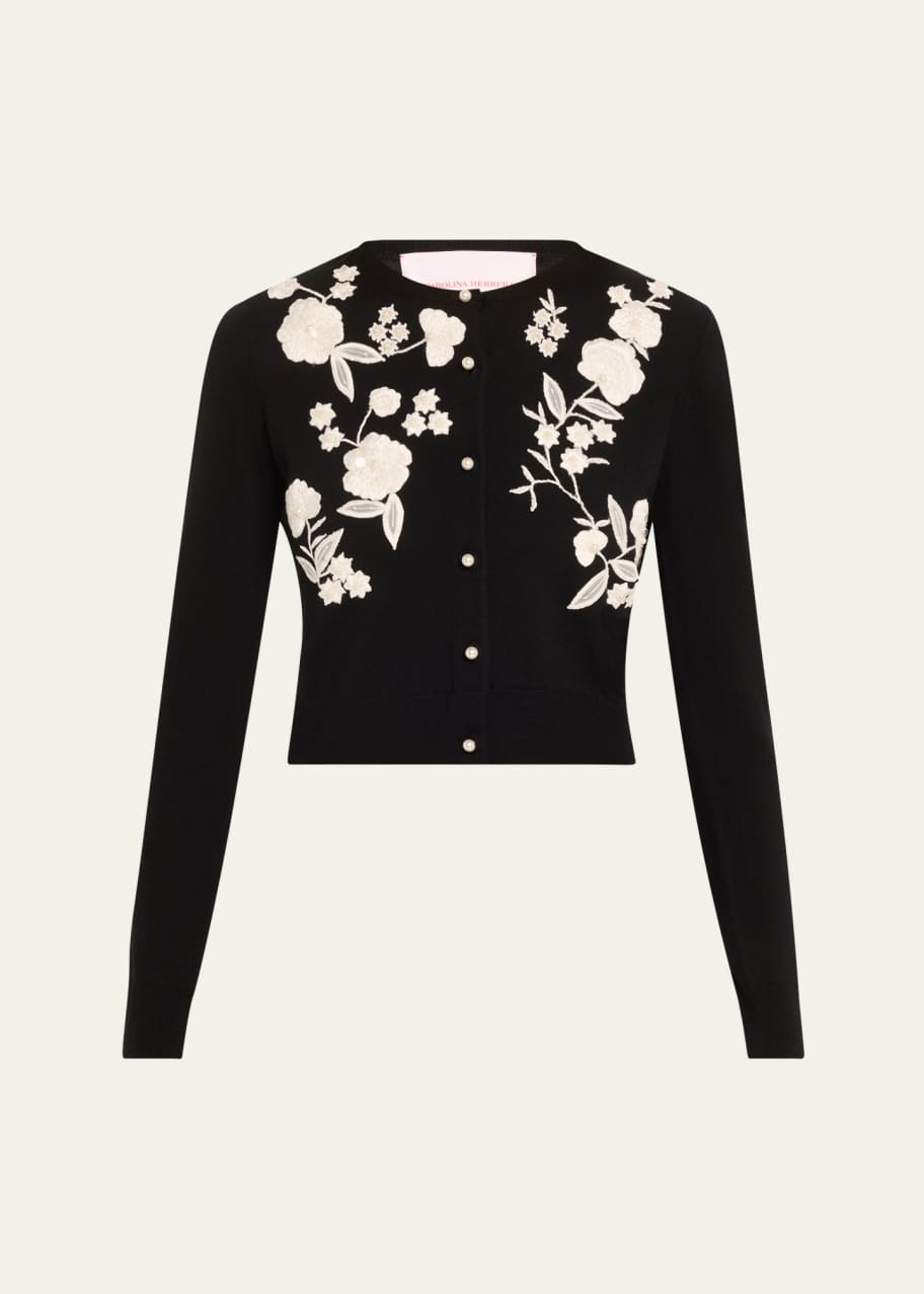 Image 1 of 1: Floral Embroidered Crewneck Cardigan With Pearly Buttons
