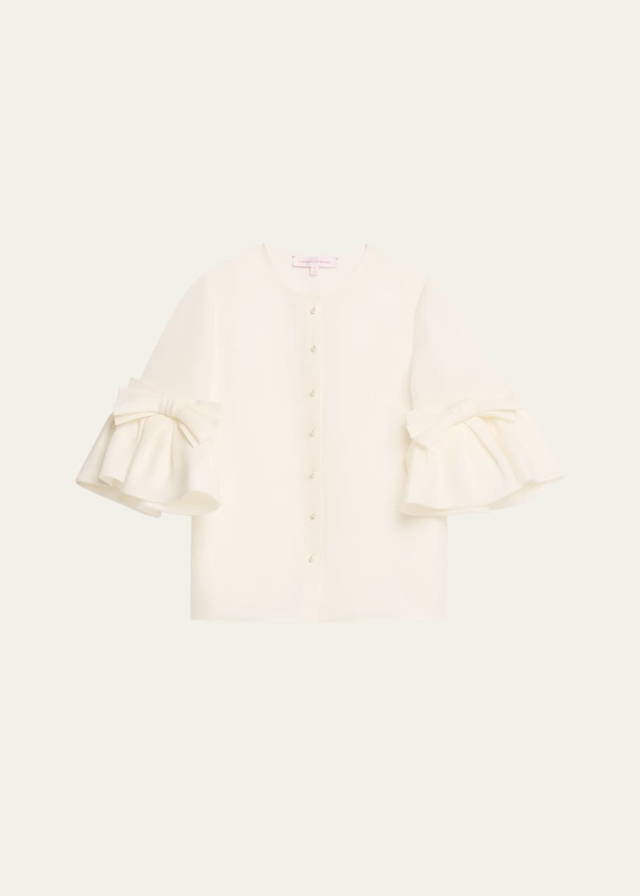 Image 1 of 1: Pearly Button Bow Ruffle-Sleeve Silk Top