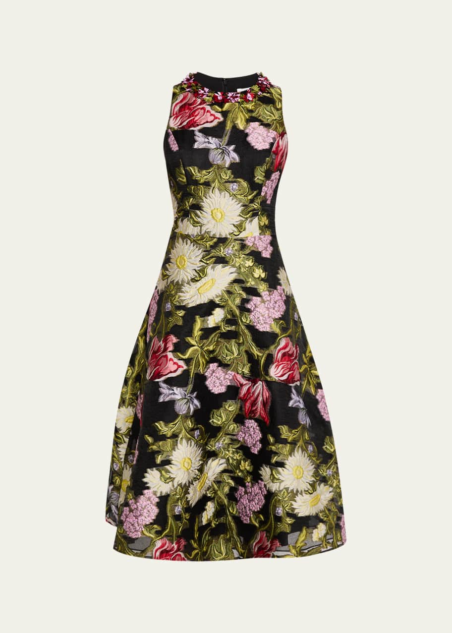 Image 1 of 1: Beaded Floral Jacquard Midi Dress