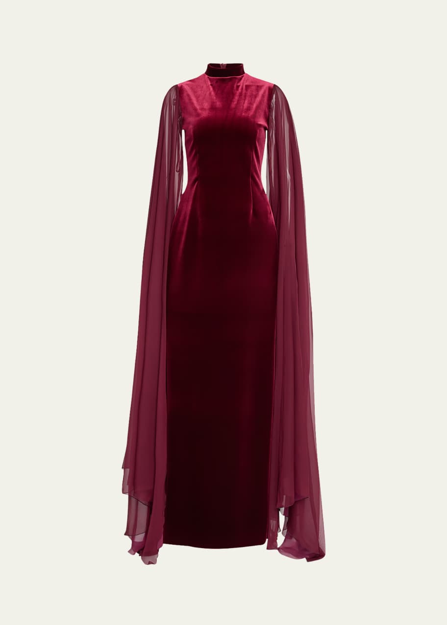 Image 1 of 1: Cape-Sleeve Velvet Column Gown