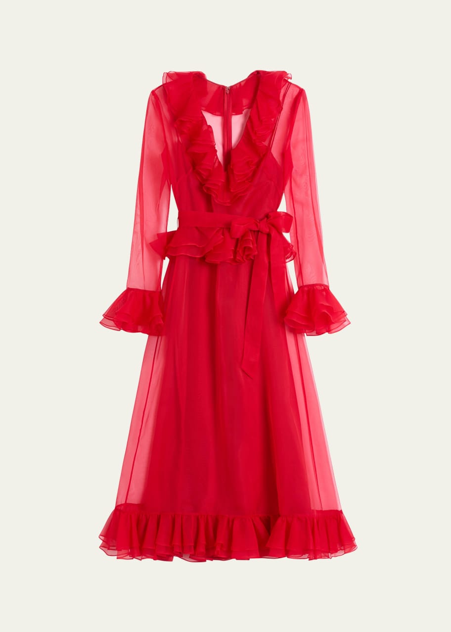 Image 1 of 1: V-Neck Sheer Organza Ruffle Midi Dress